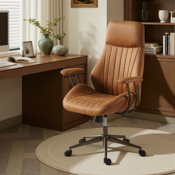 ODELIO Ergonomic Office Chair, High Back Lumbar Support Desk Chair, Mid-Century Modern Suede Leather Executive Computer Chair with Padded Armrests(Brown)