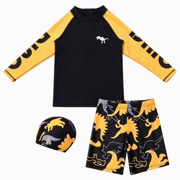 Ymyiu Toddler Boys Swim Trunks Boys' UPF 50 Long Sleeve Shirt and Comfort Liner Swim Trunk 2 Piece Swimwear Set Size 7-8 Years (Yellow,7-8 Years)