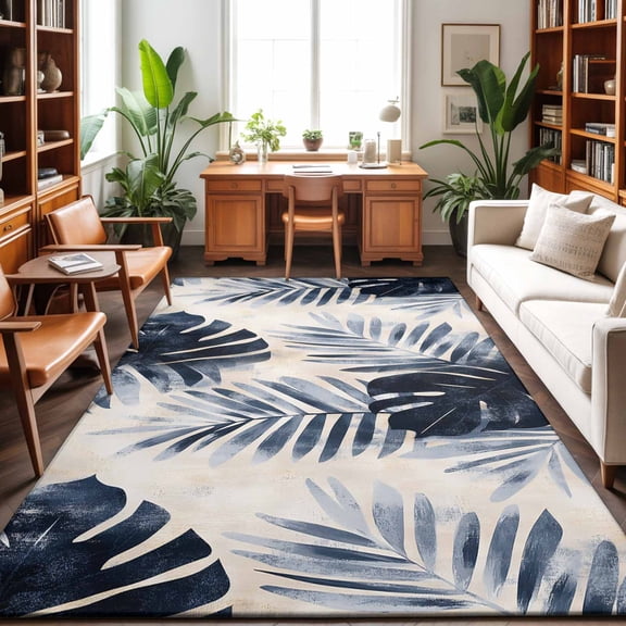 Large Area Rugs 9'x12', Navy Blue Palm Leaves Carpet Runner Indoor Outdoor Rugs Home Decor Aesthetic, Tropical Botanical Retro Non Slip Mats Washable Accent Rug for Living Room Bedroom
