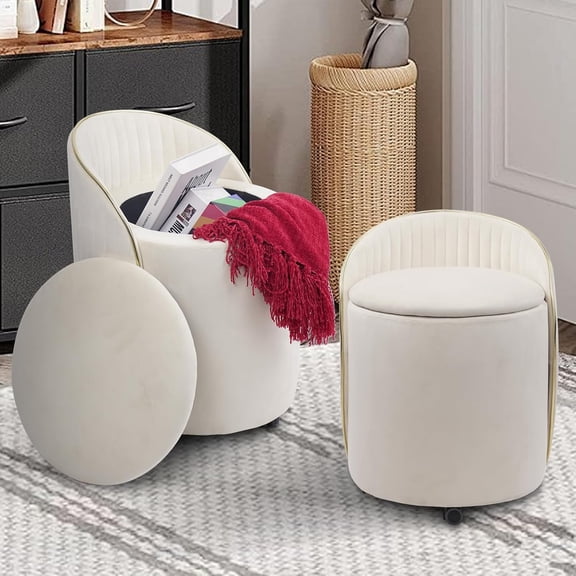 Velvet Storage Ottoman Chair with Backrest, Swivel Vanity Stool with Wheels and Padded Seat, Small Coffee Table Stool, Round Upholstered Footrest for Makeup Room, Bedroom, Living Room, Beige