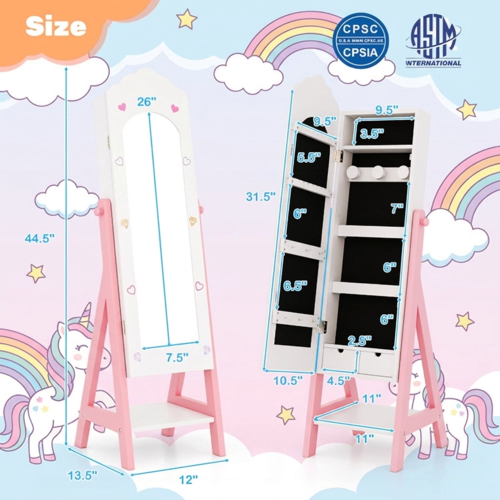 Furnibear 2-Piece Kids Vanity Table and Stool Set with Tri-Fold Mirror and Jewelry Armoire Cabinet with Full-Length Mirror for Girls, White