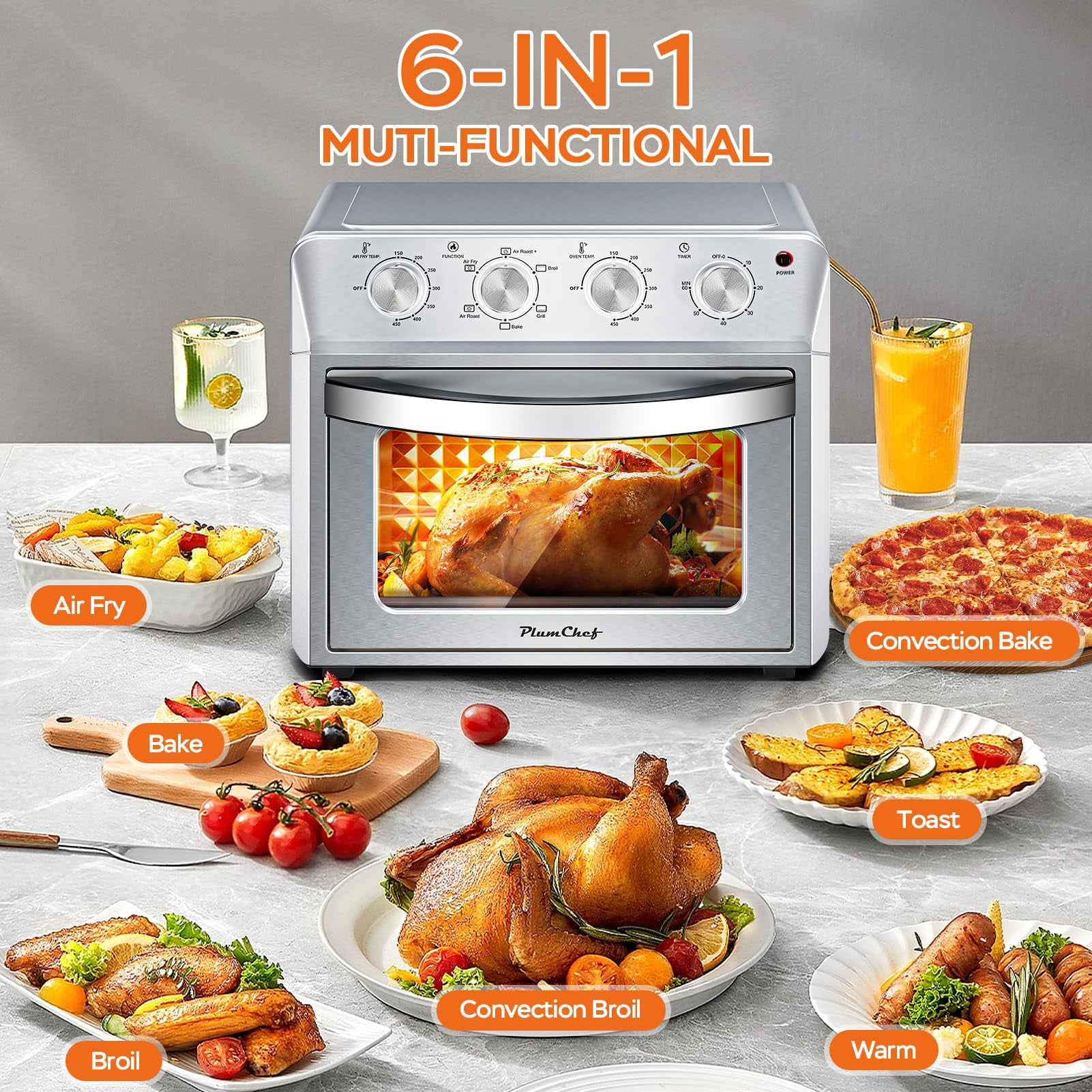 Plum chef 27.5QT 6-in-1 Air Fryer Toaster Oven Extra Large Dropdown-Door 6-Slice Convection Oven for Air Frying, Baking, Roasting, Broiling & Grilling, Stainless Steel Housing, Stainless Steel