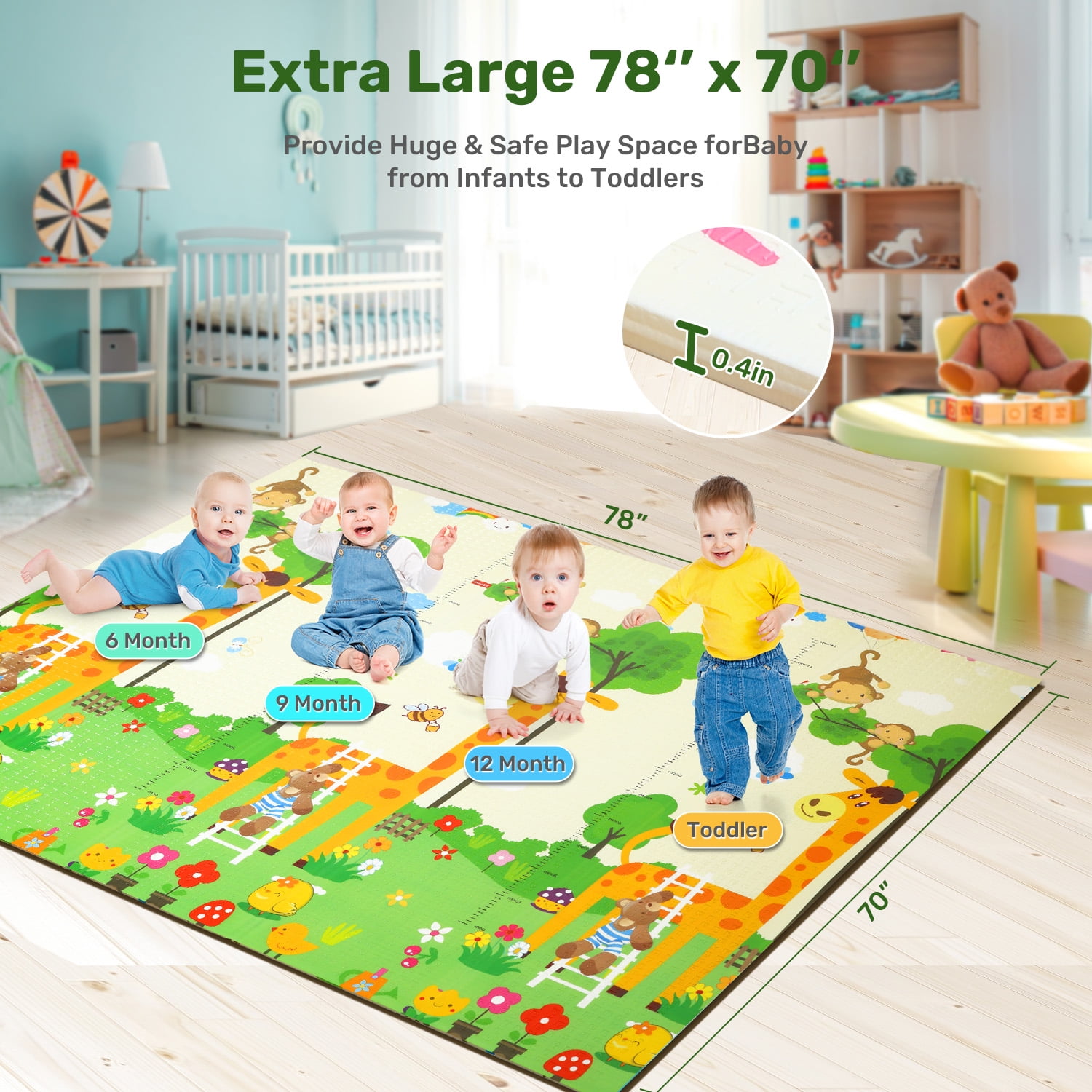 JoyStone Baby Play Mat, 78" X 70" Extra Large Reversible Foam Play Mat, Non-Toxic Foldable Animal Print Waterproof Crawl Mat for Toddlers and Babies
