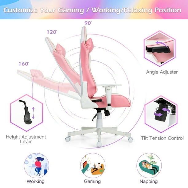 Pink Gaming Chair Racing Style Adjustable Swivel Computer Office