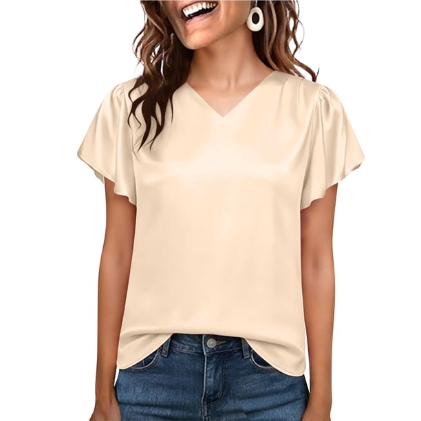 TaTaai Women's V-neck short sleeve top, solid color, ruffled sleeve design, casual stylish, soft breathable fabric, pullover style, ideal for daily outings & brunch dates Gift