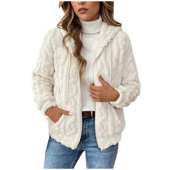 Womens Faux Fur Coat with Pockets Drawstring Hooded Winter Sherpa Jacket Full-zip Casual Warm Sweater Cardigans (XL, White)