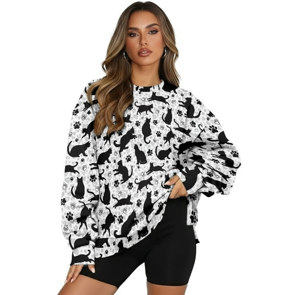 HELLHERO Cat Paw Print Women Sweatshirt 2025 Fall Trendy Casual Oversized Crewneck Pullover Tops Long Sleeve Sweatshirt Size XXXL