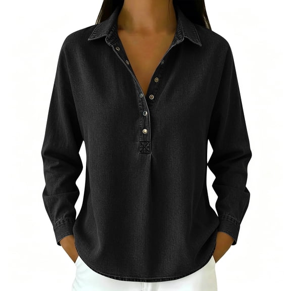 Denim Pullover Shirts for Women Long Sleeve Collared Half Button Relaxed Fit V Neck Casual Tops