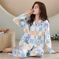 thumbnail image 1 of Pijamas de algodón de otoño para mujer, ropa de dormir a cuadros dulce, pijamas femeninos, trajes de salón informales de manga larga, ropa de dormir con solapa, 1 of 5