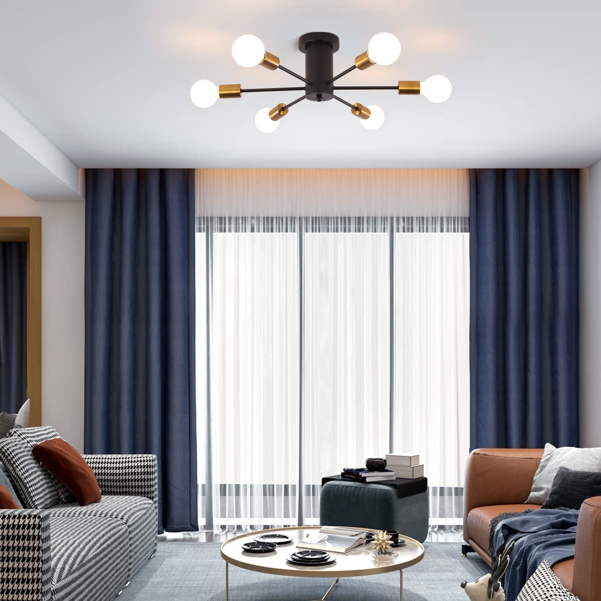 Garwarm Mid Century Sputnik Chandelier, Modern Ceiling Light Fixture Industrial Semi Flush Mount Pendant Lighting for Kitchen Dining Room Bedroom Living Room Foyer (6-Lights, E26 Base)