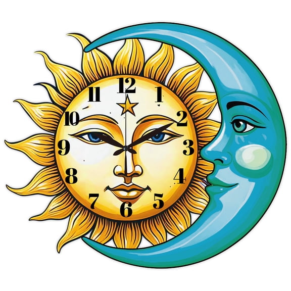 Sun and Moon Pattern Wall Clock 14.9 Inch Star Wood Grain Non-Ticking Irregular Shape Clocks Wall Hanging Clock Battery Operated