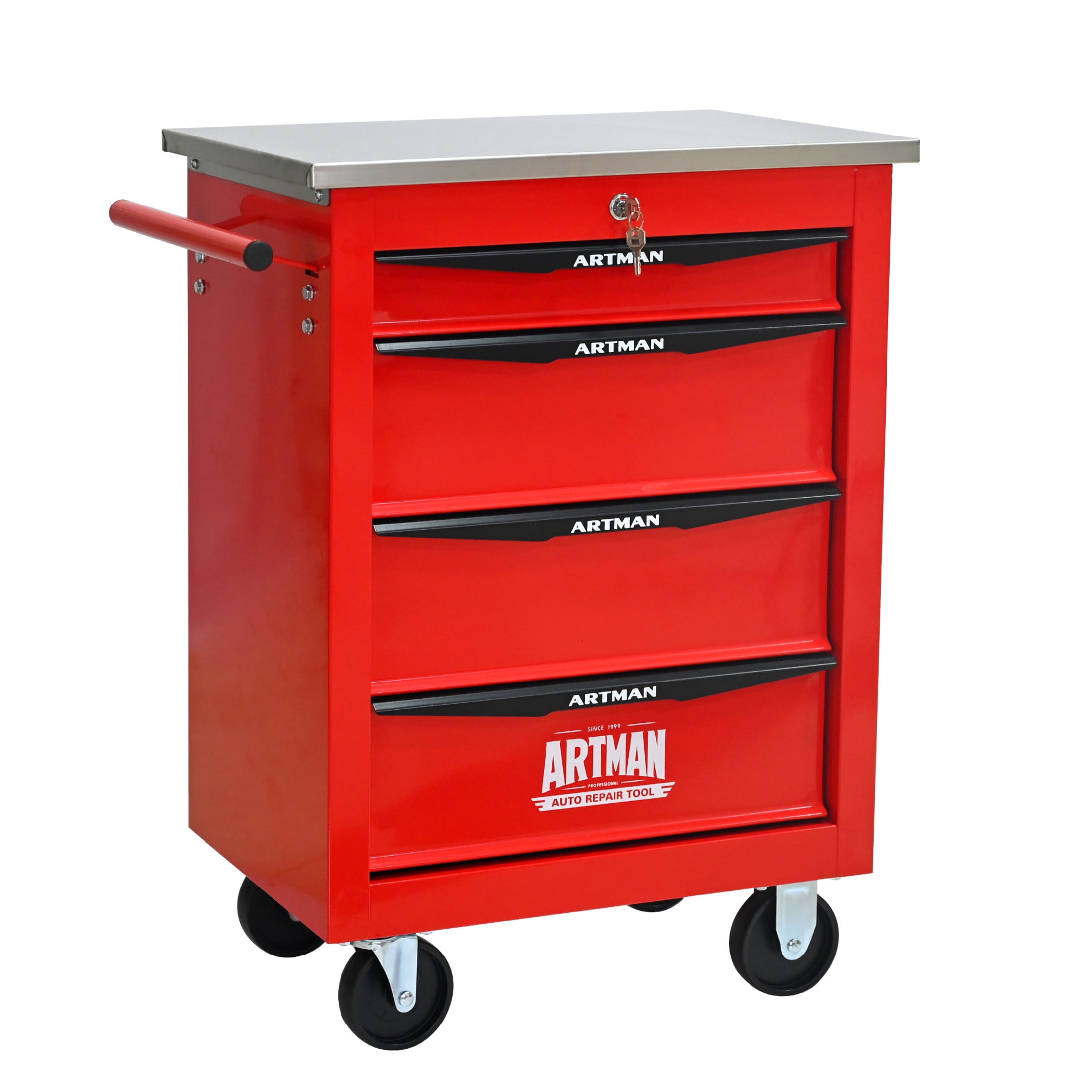 Noble House 4-Drawer Rolling Tool Organizer Cart, Steel Mobile Chest Storage with Worktop for Garage Workshop, Red