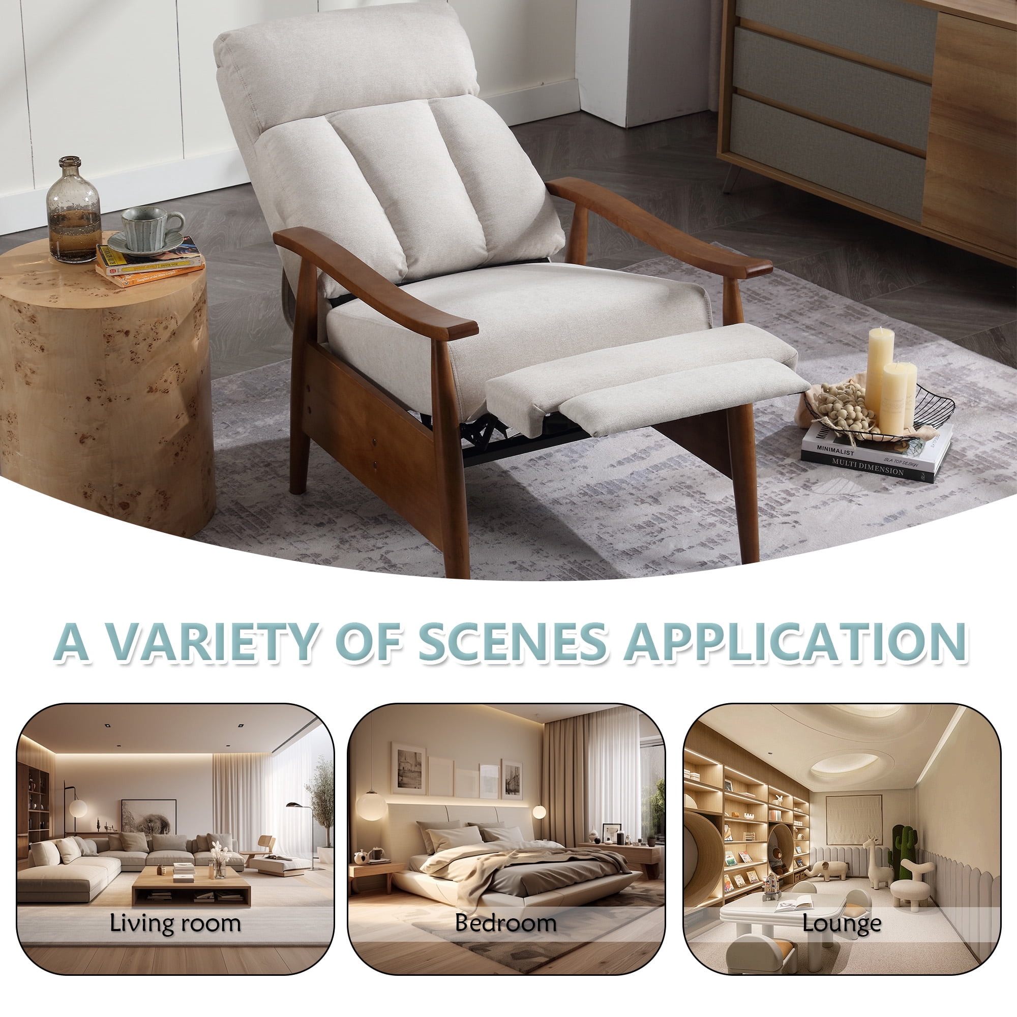 MOONMISS Linen Upholstered Wood Frame Adjustable Recliner Lounge Armchair for Living Room-Beige