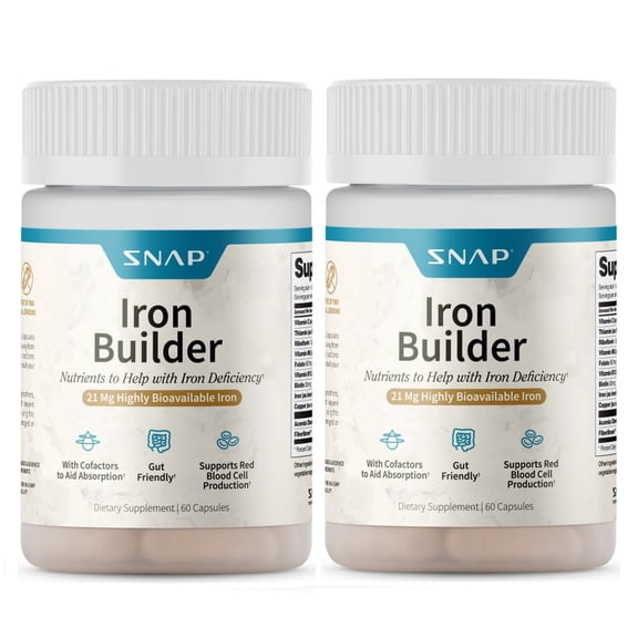 Snap Supplements Iron Builder Pills, Raise Iron Levels & Blood Builder, Easy Swallow, 60 Count, 2 Pack