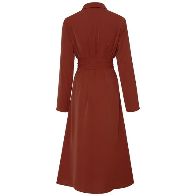 Vestido de cuello vuelto, vestido camisero de una sola botonadura con cinturón para mujer, vestido de manga larga con cinturón, alta capacidad
