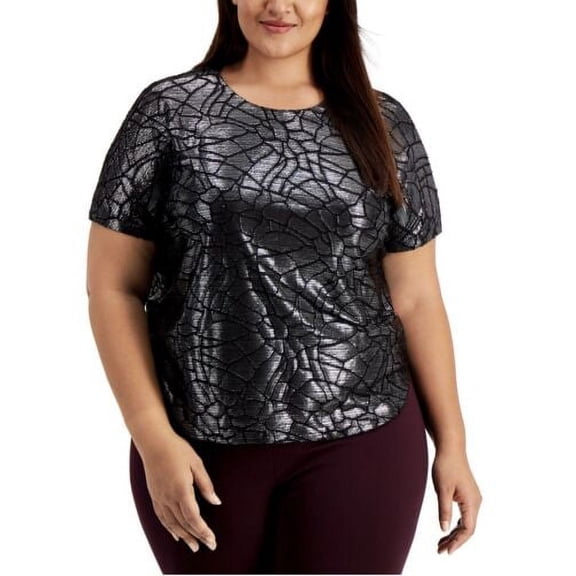 Alfani Women's Velvet Burnout Top Metallic Short Sleeve Black Gunmetal Size 0X