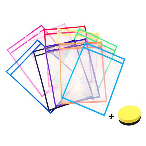 Dry Erase Pockets Reusable Sleeves 15 Pack Durable Clear Folder Sheet Protectors Supplies for Classroom by EduPro Office & Home-School Organization Assorted Colors Oversized 10” x 14” 