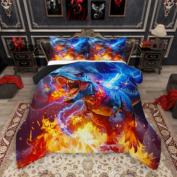 Manfei Kids Tyrannosaurus Rex Bedding Comforter Set 2pcs, Boys Dinosaur Twin Comforter Sets, Fire Lightning Dino Bedding Set, Lightweight Room Decor