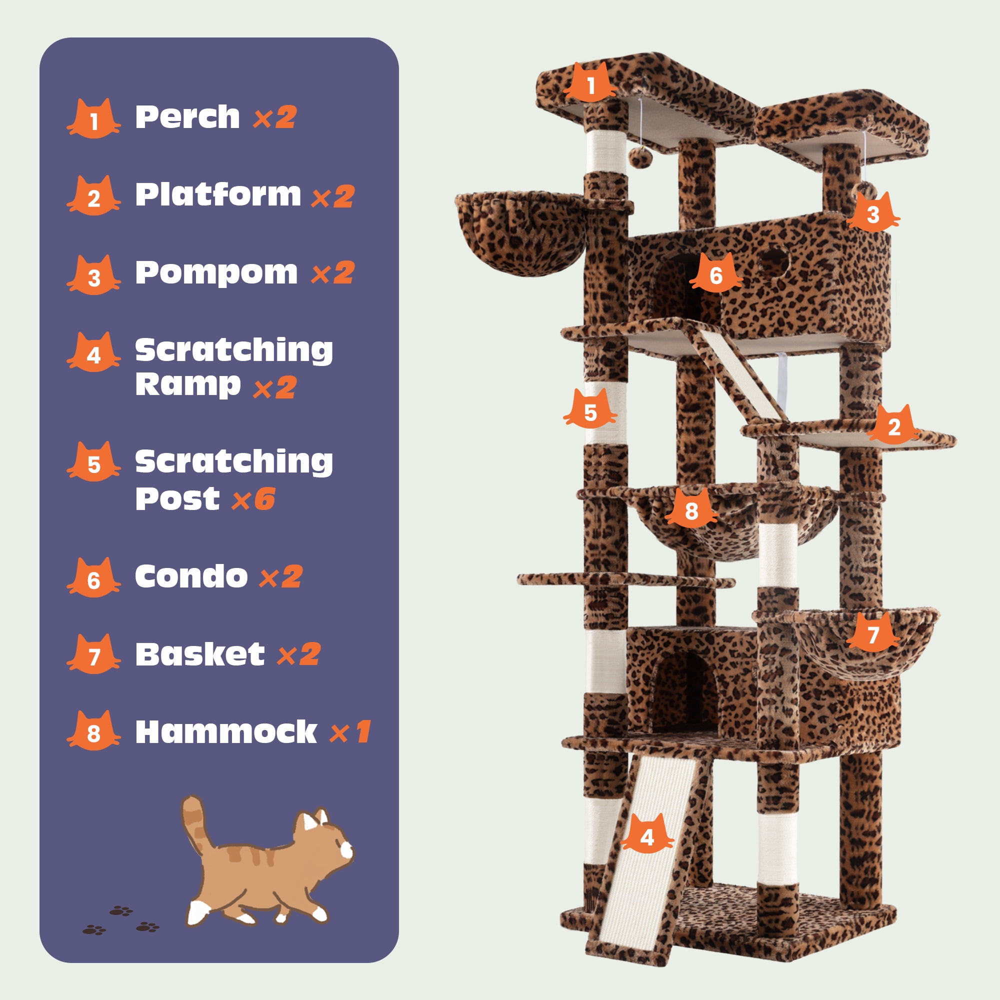 Sifurni 81" Multi-Level Tall Cat Tree Tower for Large Cat with Cat Condo and Hammock, Scratching Post & Scratching Ramp, Leopard Print