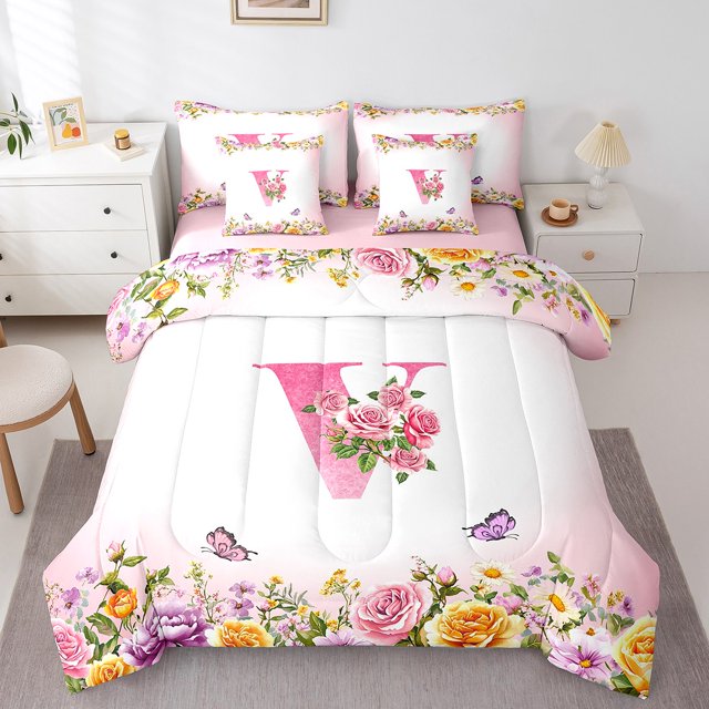 Erosebridal Ensembles de Literie Initiale Florale Format Simple, Ensembles de Douillette Fleur Papillon avec Draps, Déco de Chambre pour Ados, Réversible, Respirant, 7 Pcs