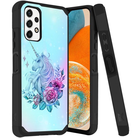 ANJ  Rugged Dual Layered Shockproof Slim Hybrid Case   Tempered Glass Cover Compatible with Samsung Galaxy A23 5G - Blue Rose Unicorn