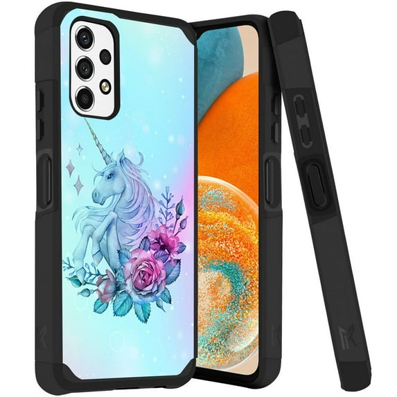 ANJ+ Rugged Dual Layered Shockproof Slim Hybrid Case + Tempered Glass Cover Compatible with Samsung Galaxy A23 5G - Blue Rose Unicorn