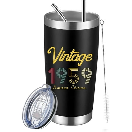 

Vintage 1959 Birthday Tumbler Print in USA 20oz Double Wall Stainless Steel with Lid Straw Brush Tumbler for the 65years Old Person