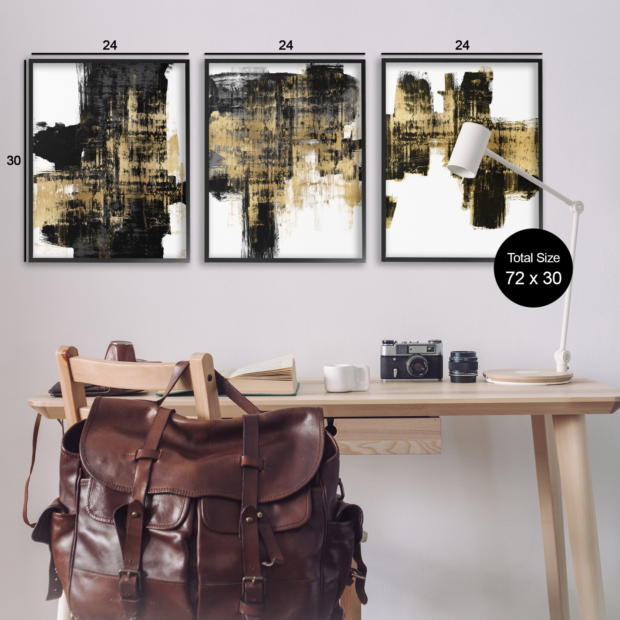 Stupell Industries Bold Black Brushstrokes with Gold Abstract Painting Black Framed Art Print Wall Art, 24 x 30, Set of 3