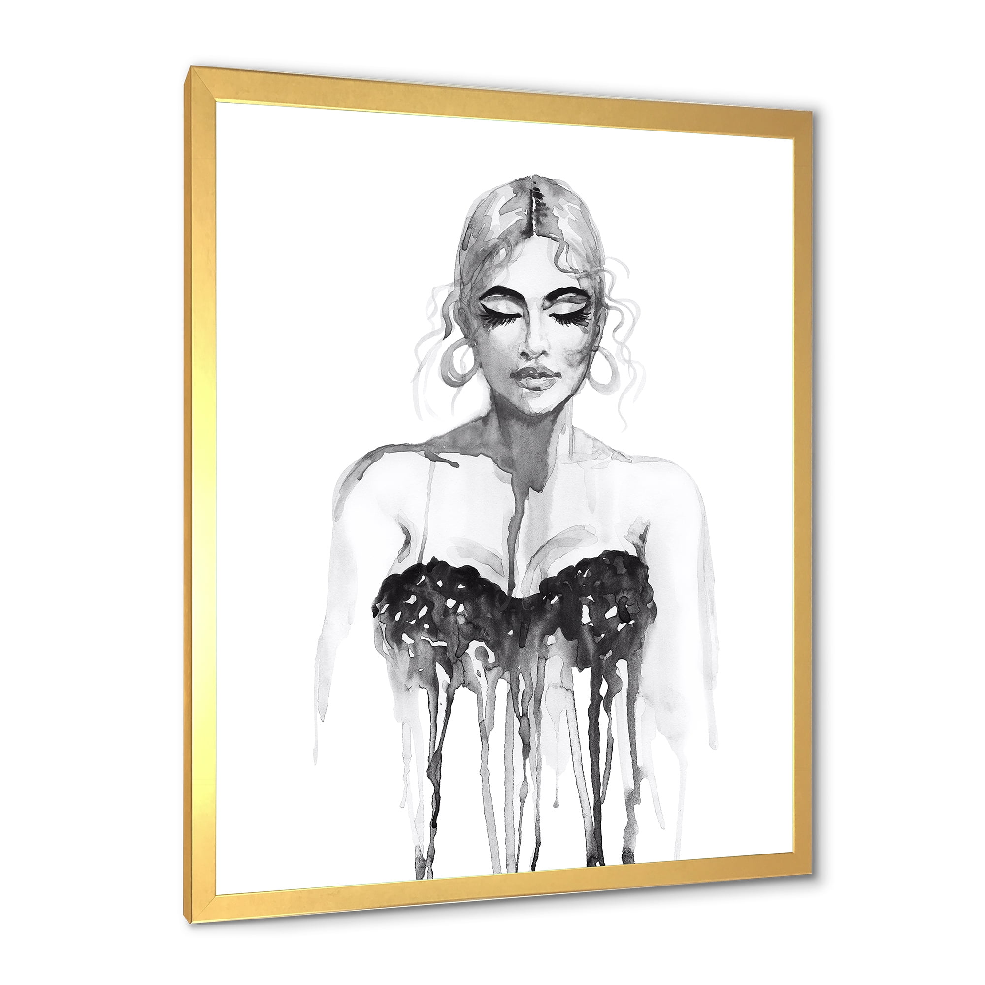 Black and White Portrait of Woman Wearing Evening Dress 30 in x 40 in Framed Painting Canvas Art Print, by Designart