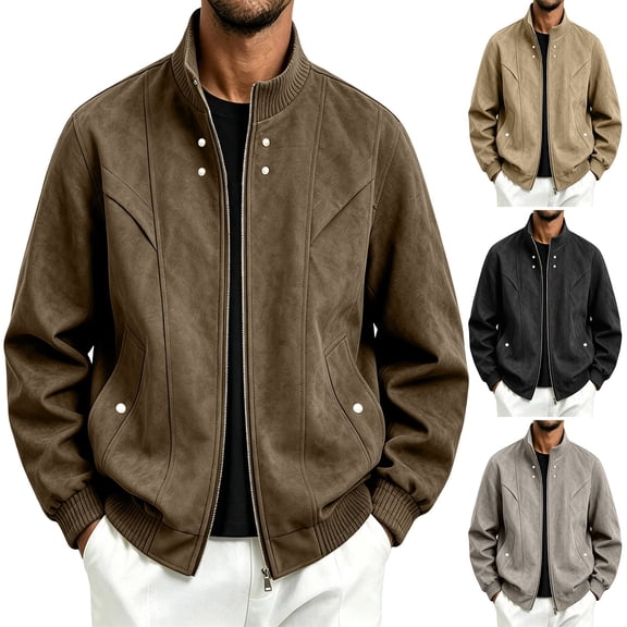 IhhxPro Men's Vintage-Inspired Leather Look Bomber Jacket with Pockets Fit Zip-Up Retro Classic Motorcycle Outerwear Casual Slim M-4XL