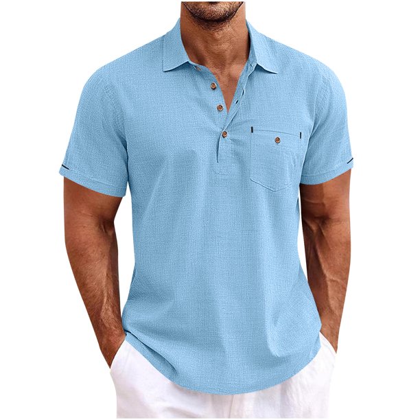 Blusa y camisa de manga corta con cuello vuelto para hombre, blusa informal de verano con solapa y botones de color liso, blusa para hombre