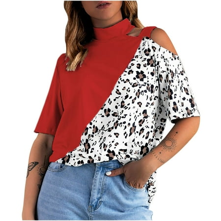 

Shirts for Women Womens Tops Dressy Casual Women s Summer Fashion Short Sleeve Off The Shoulder Leopard Printing Tops Blouse Off The Shoulder Tops for Women Clearance Tube Tops for Women Red XL