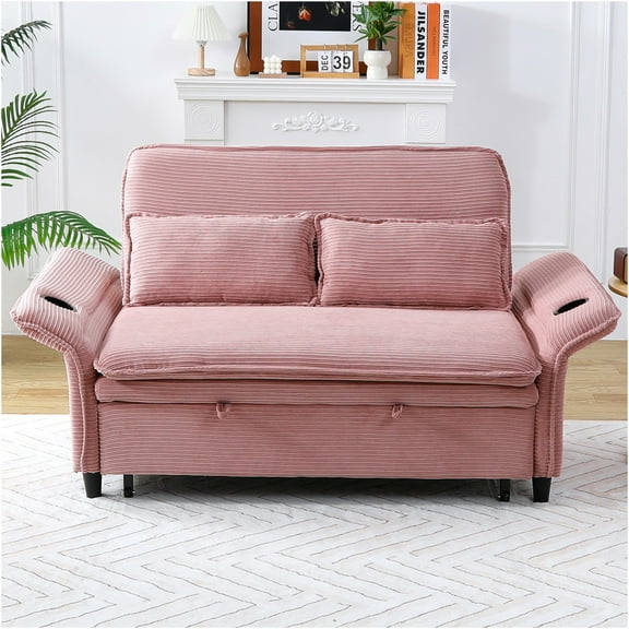 JERFIT Pink Corduroy Convertible Sofa Bed with Adjustable Backrest and Pull-Out Sleeper for Small Spaces