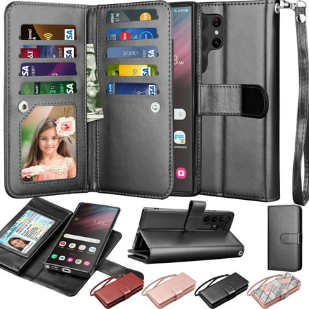 Galaxy S23/S23 Plus/S23 +/S23 Ultra 5G Wallet Case, Samsung Galaxy S23 Ultra PU Leather Case,Njjex Luxury Leather [9 Card Slots Holder] Carrying Folio Flip Cover [Detachable Magnetic Hard Case]-Black