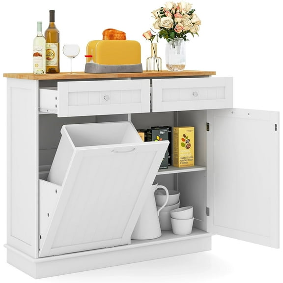LOKO Kitchen Tilt Out Trash Cabinet With 2 Drawers & Adjustable Shelf, Pet Proof With Rubber Wood Tabletop, Ideal for Living Room, Dining Room (White)