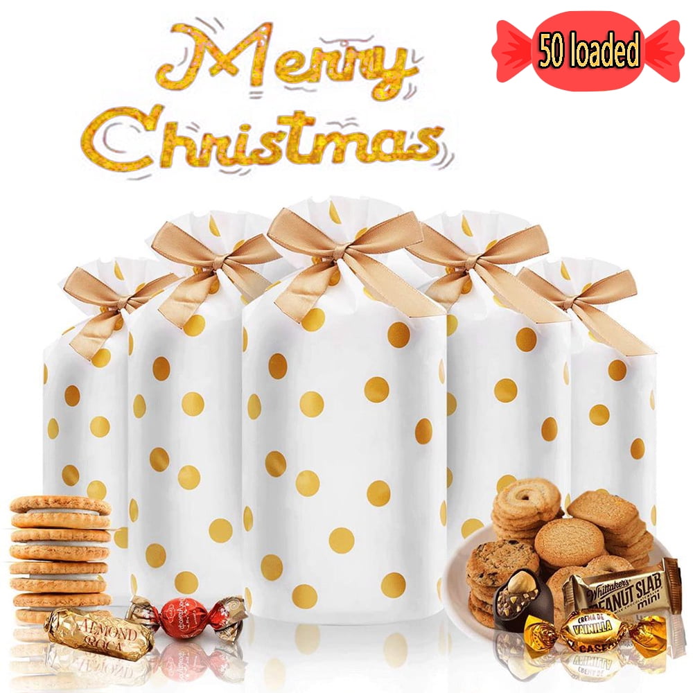 PENGXIANG 50 PCS Candy Cookies Drawstring Gift Bags, Gold Dot Plastic ...