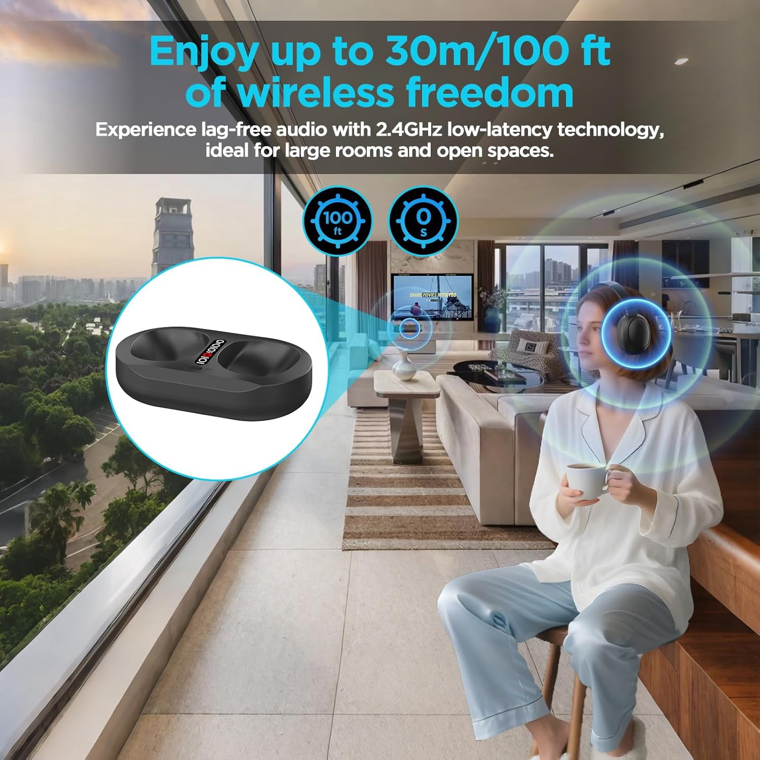 Wireless TV Headphones with 2.4G Digital RF Transmitter and Bluetooth, Wireless Over Ear Headphone with Charging Base, Support Optical/USB/RCA/BT, No Audio Delay, Compatible All TVs