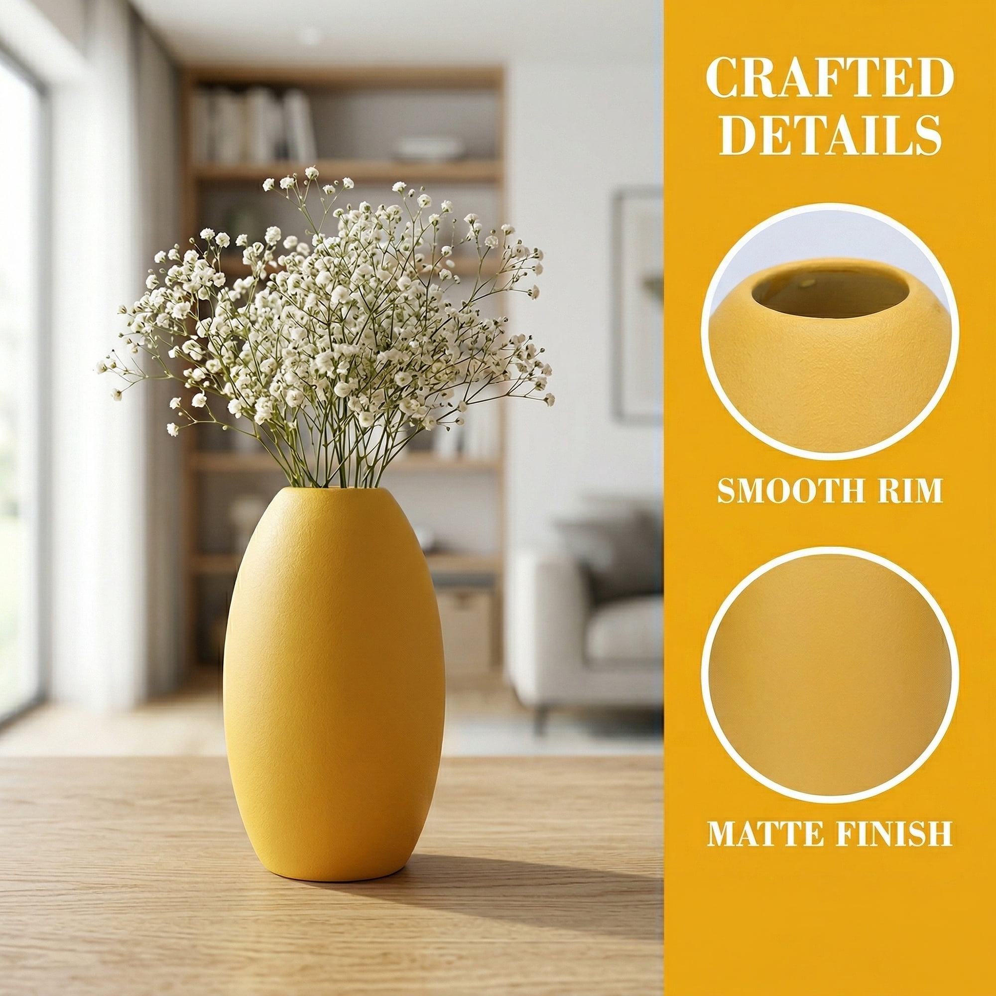 Unique Bargains Modern Ceramic Ribbed Flower Vase for Boho Yellow 3.5"L x 3.5"W x 6.1"H