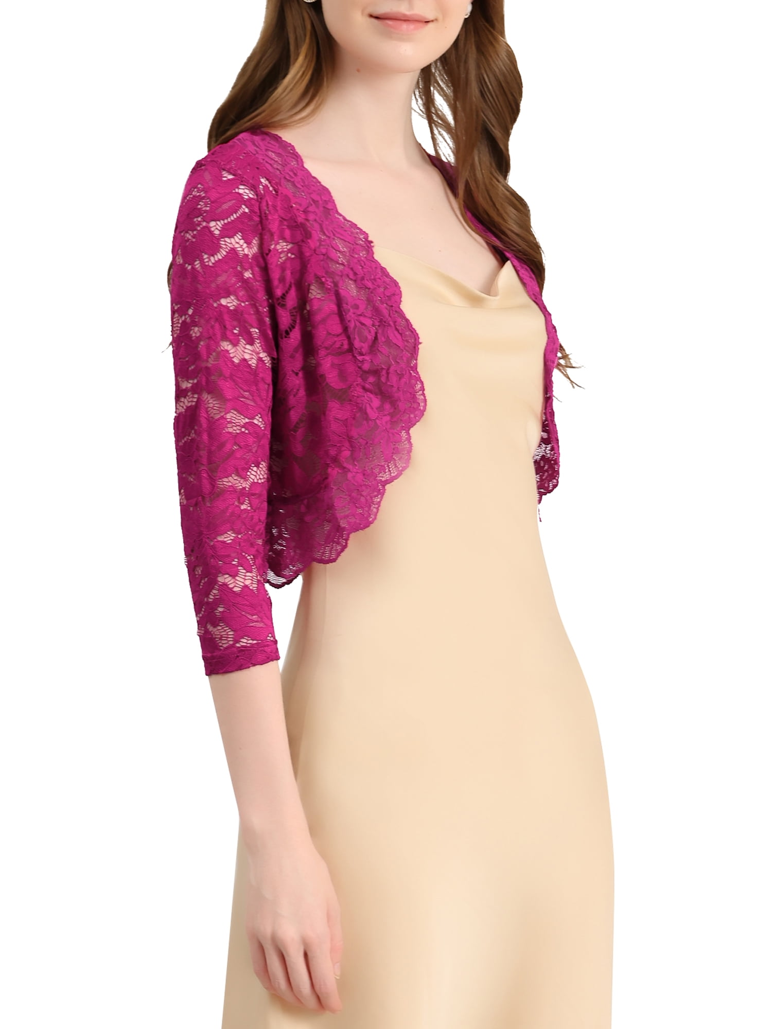 DARING DIVA 3/4 Sleeve Sheer Floral Lace Shrug Top M Mulberry