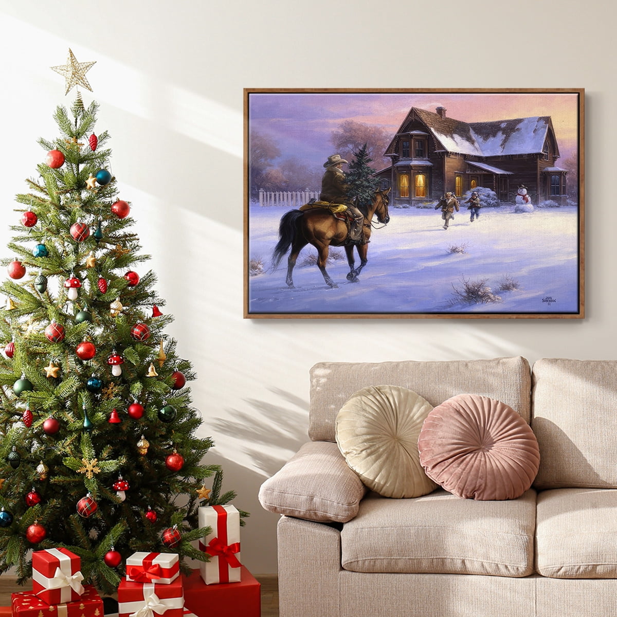 The Day Daddy Brought Home the Tree - Framed Gallery Wrapped Holiday Canvas - 27 x 41 - Rosewood Frame