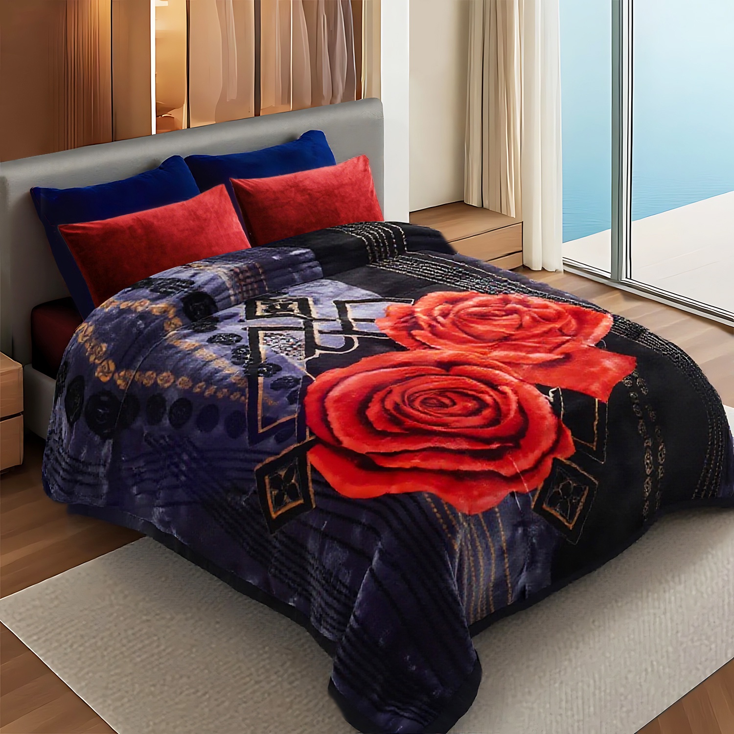 10lbs Heavy Thick A&B Pattern Blanket 2Ply Reversible - Thick Warm Plush Korean Style Bed Blanket, King Size Fleece Plush Blanket, Soft Winter Blanket For Adult 87" x 95", Black Rose