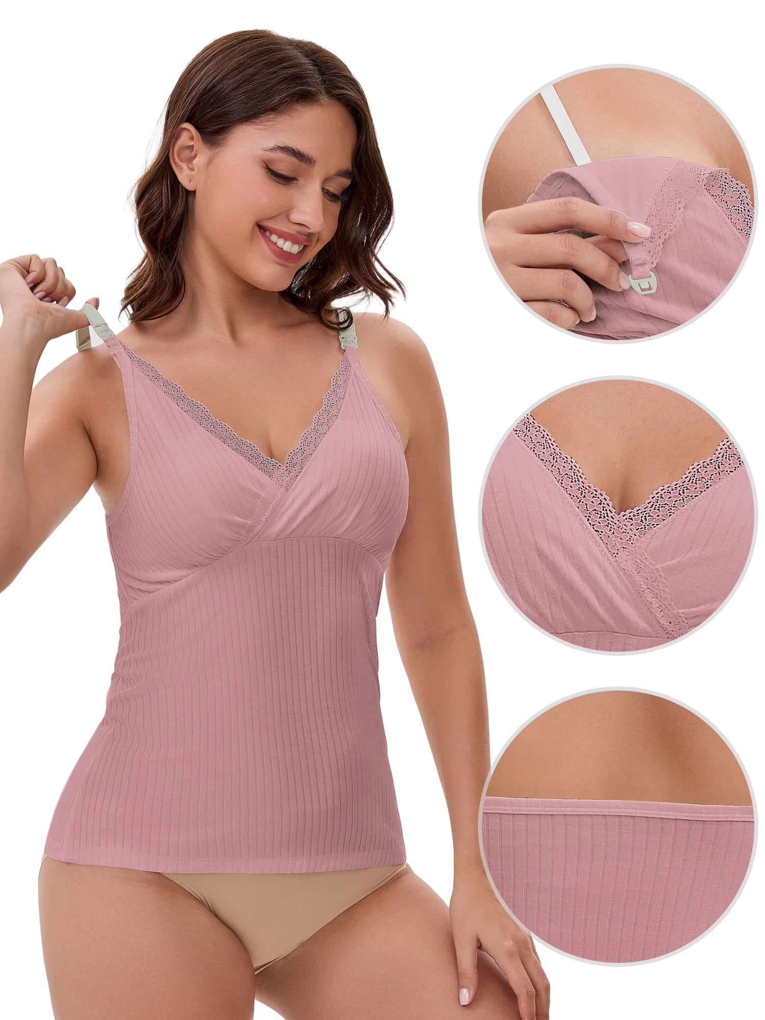 DARING DIVA Women's Crisscross Nursing Lace Trim Maternity Camisole Tank Tops XXL Pink