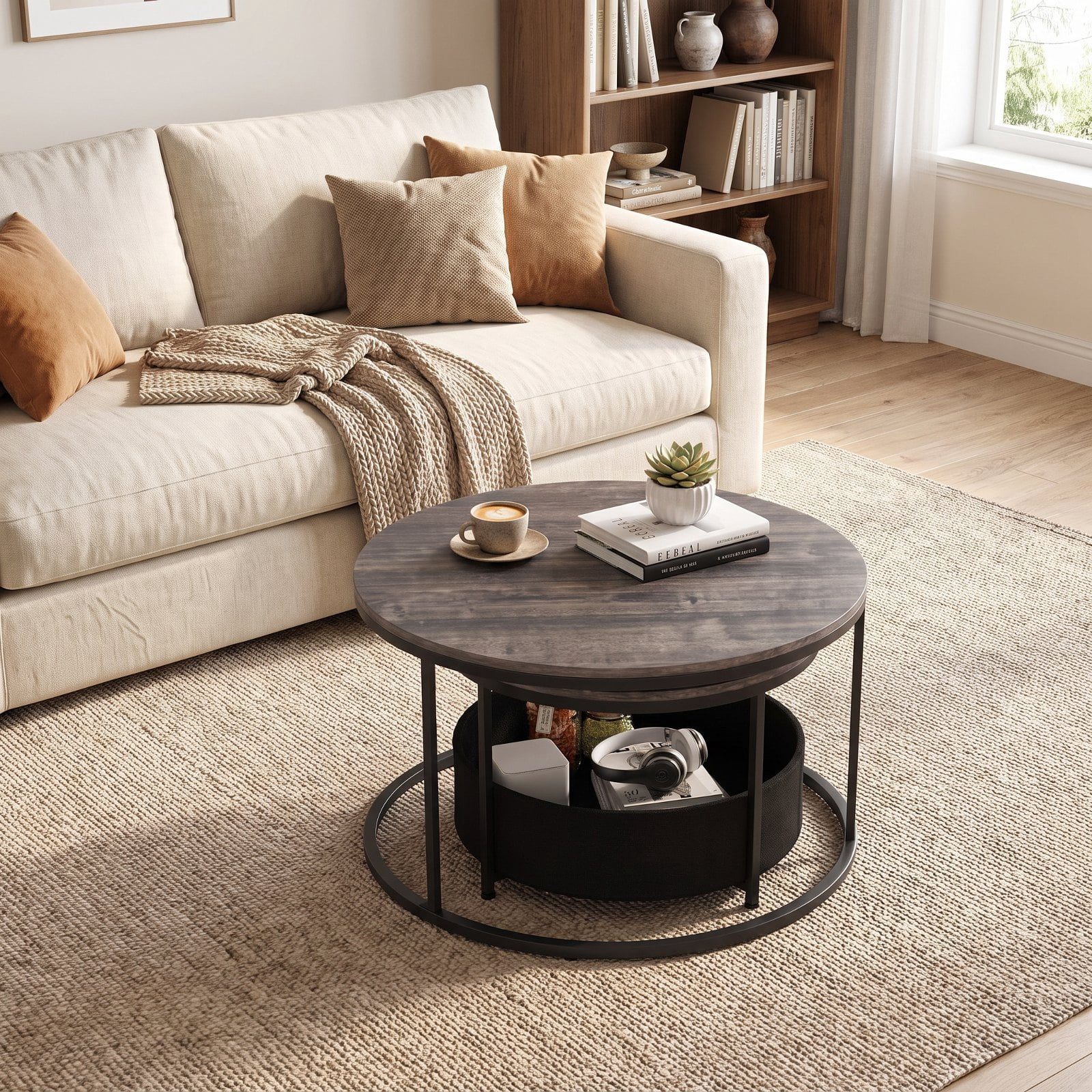 Furnibear Round Coffee Table Set of 2 Nesting Cocktail Tables with Fabric Storage Basket for Living Room and Bedroom, Gray