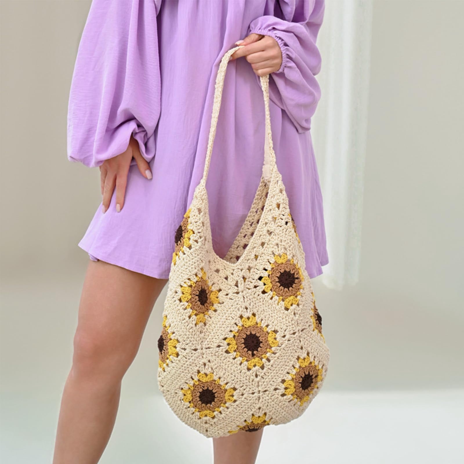 Beach Bag Crochet Bags for Women Knitted Beach Tote Beach Bags for Women Woven Purse Vacation Handbag for Summer(Khaki)