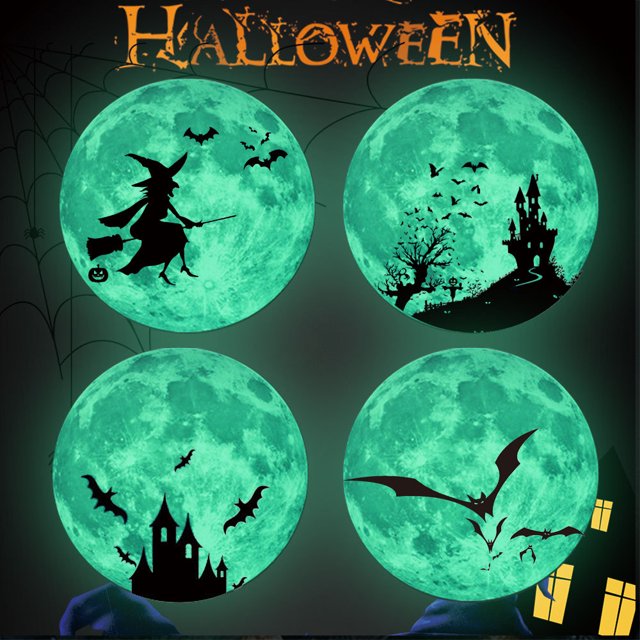4 pegatinas de pared de luna luminosa para Halloween, castillo de murciélagos, 30 x 30 cm, autoadhesivas, pegatinas luminosas de luna fluorescente para niños, pegatinas luminosas para decoración de pared de habitación de niños ER