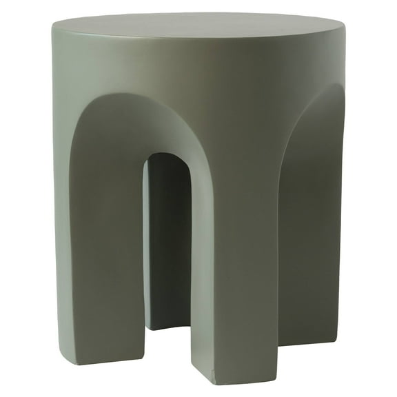 LeisureMod Round Side Table in Fiberstone with Arched Base Design Compact Weather-Resistant for Modern Home, Living Room, Bedroom, Patio Crus Collection in Grey