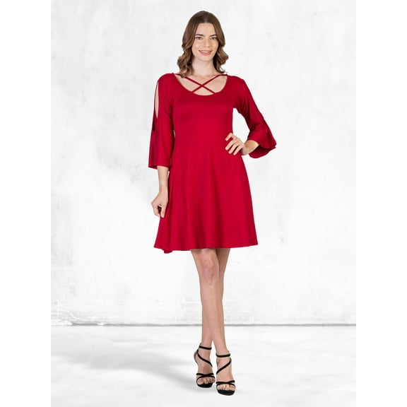 Women's Cold Shoulder Knee-Length Rayon Dress – Short Sleeve Casual