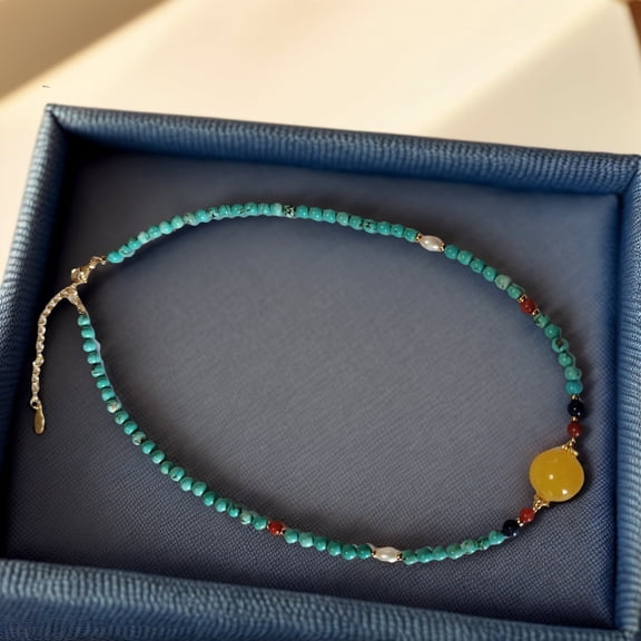 Fashion Necklace For Women, Natural Turquoise Beaded Necklace With Beeswax Beads Amber Beads, 4mm Turquoise Beads, Handmade Jewelry For Women Gift, Turquoise