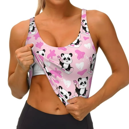 Qokaie Funny Panda Draws A Heart Pattern Womens Scoop Neck Sports Bra Breathable Workout Vest Padded U Back Medium Impact Fitness Gym Yoga Bra Workout Crop Top