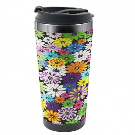

Flower Travel Mug Floral Vivid Daisies Steel Thermal Cup 16 oz by Ambesonne